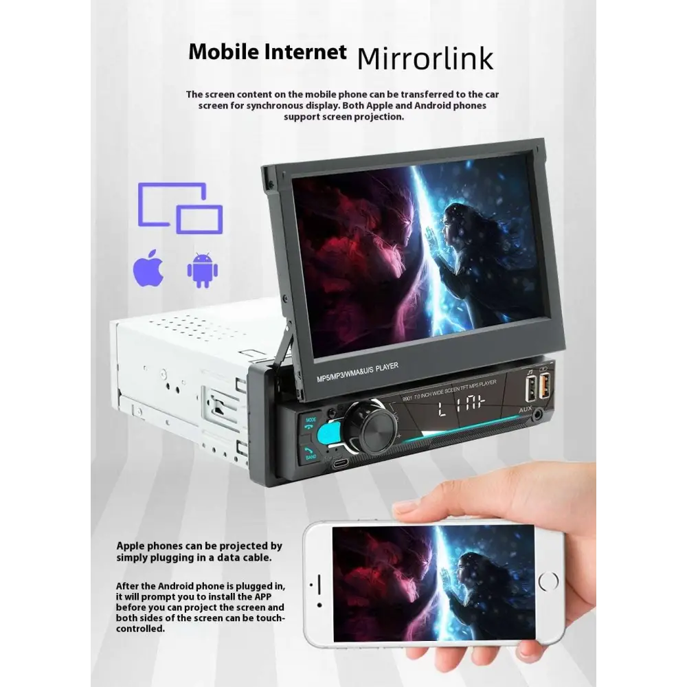 Black and white 7 inch touchscreen vehicle-borne bluetooth player car stereo with mirrorlink connectivity display