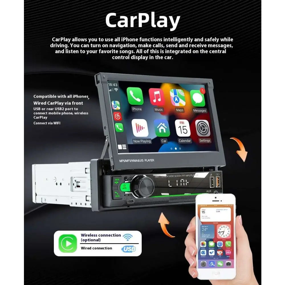 Black and silver 7 inch touchscreen vehicle-borne bluetooth player car stereo with wired and wireless connectivity showing iphone apps