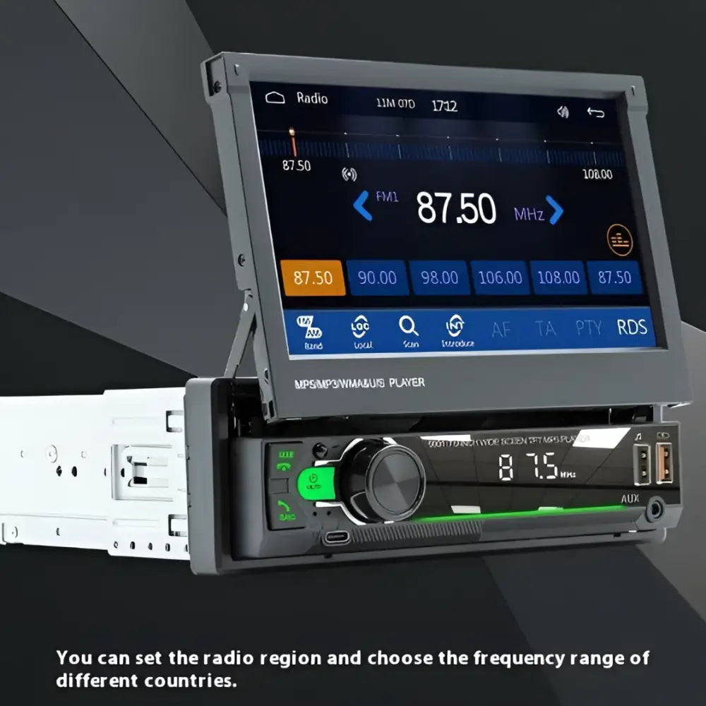 Black and silver 7 inch touchscreen vehicle-borne bluetooth player car stereo displaying fm radio frequencies