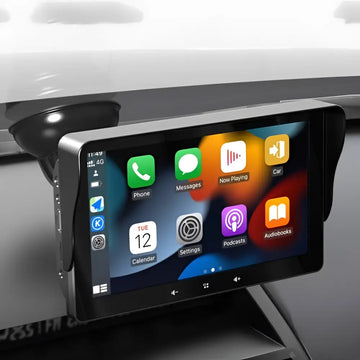 Black-framed 7 inch wireless carplay display showing colorful app icons with cigarette lighter connection powered interface