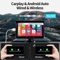 Black rectangular 7 inch wireless carplay display with glossy finish showing apple carplay and android auto powered by cigarette lighter connection