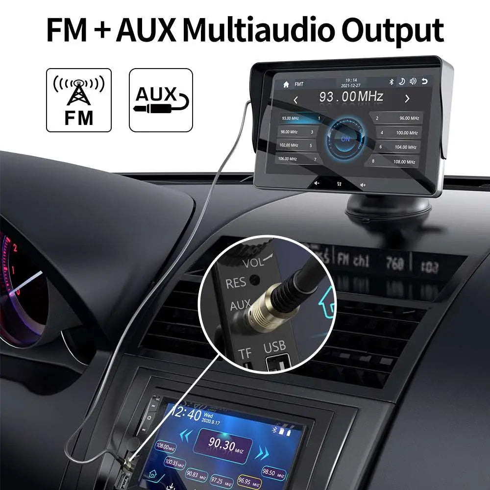 Black-framed 7 inch wireless carplay display showing colorful app icons with cigarette lighter connection powered interface