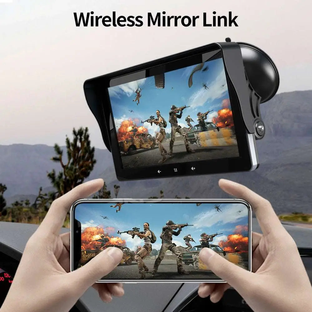 Black wireless carplay display with suction cup mount and cigarette lighter connection showing video game screen