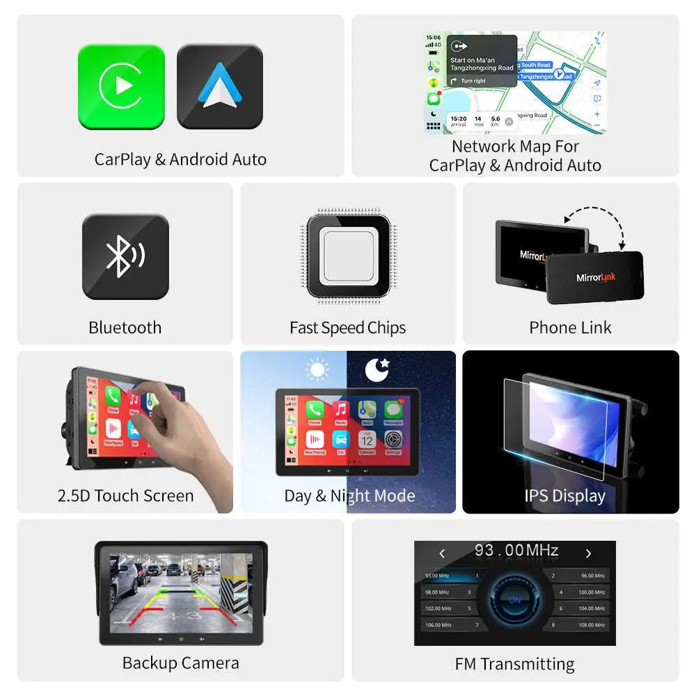 Black rectangular 7 inch wireless carplay display with 2.5d touchscreen and cigarette lighter connection for powering