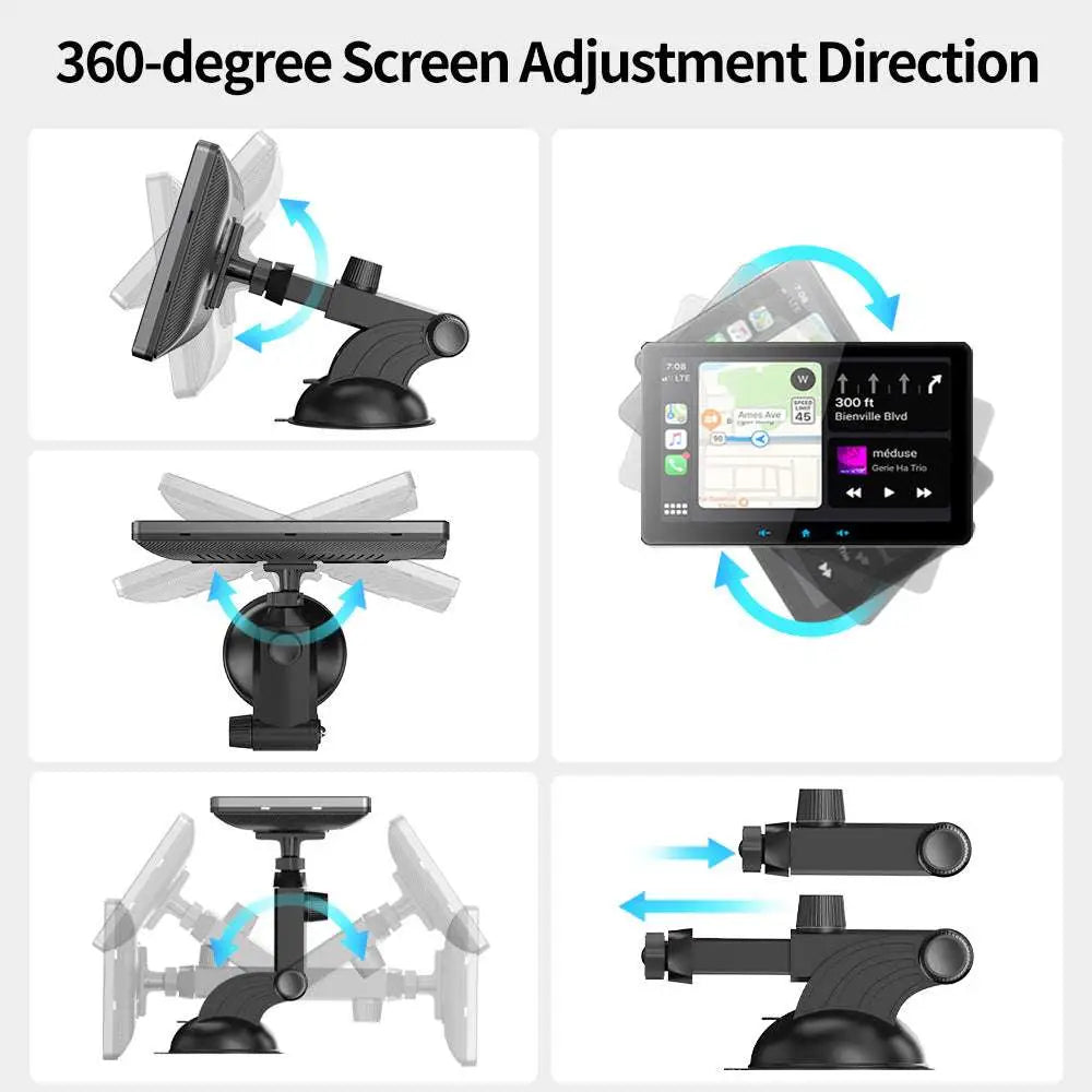 Black 360-degree adjustable car mount for smartphones with wireless carplay display powered by cigarette lighter connection