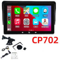 Black cp702 wireless carplay display with 10.1 inch touchscreen, cigarette lighter connection, and installation accessories
