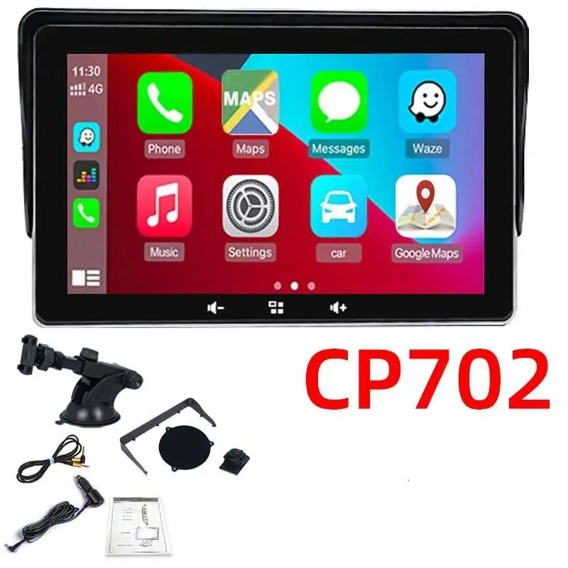 Black cp702 wireless carplay display with 10.1 inch touchscreen, cigarette lighter connection, and installation accessories