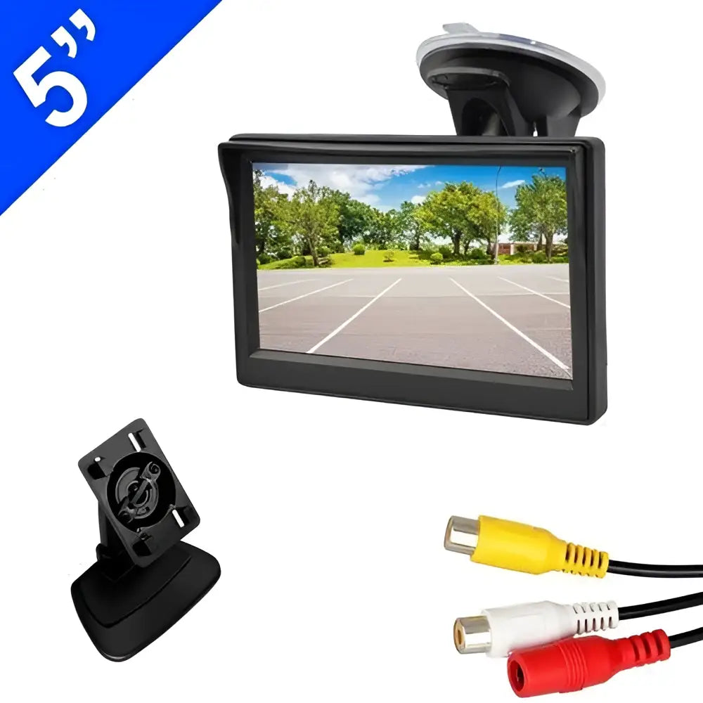 Black 5 inch rearview camera monitor with wireless suction cup mount and rca cables for display hd rearview use