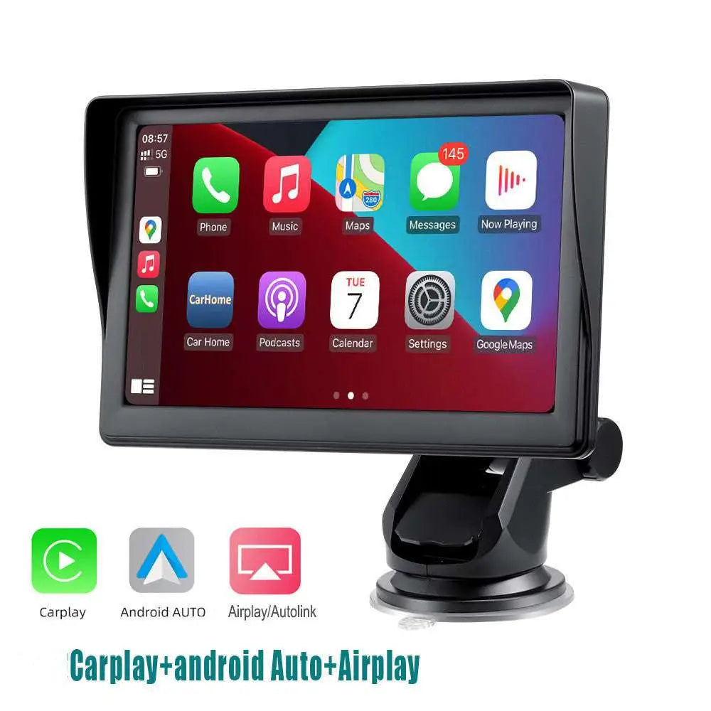 Black 7 ips car smart screen with wireless carplay android auto touchscreen displaying app icons for phone music maps and messages