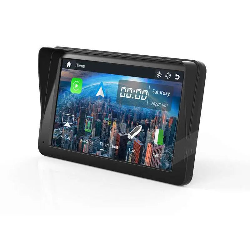 Black rectangular 7 ips car smart screen with touchscreen displaying cityscape and app icons for wireless carplay android auto