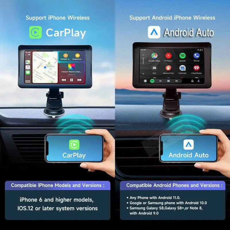 Black car stereo mount featuring 7 ips car smart screen with wireless carplay and android auto compatibility