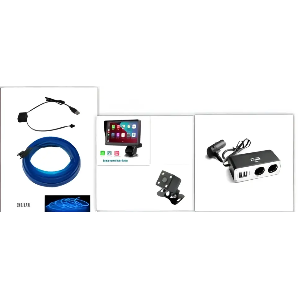 Blue led light cable on the back of a 7 ips car smart screen with wireless carplay and android auto features