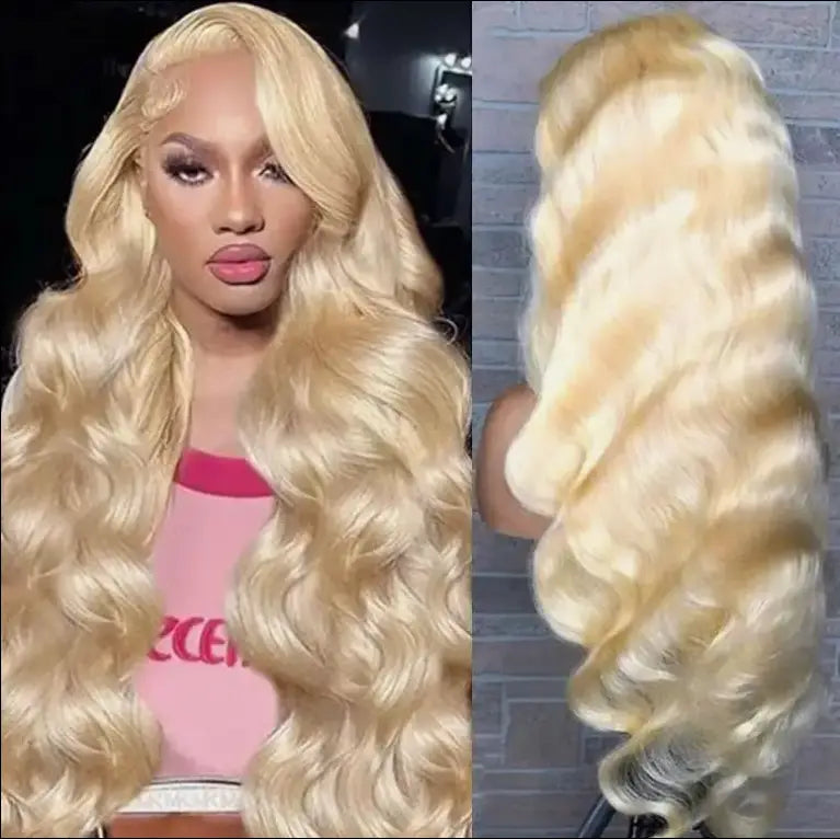 30 inch hd 13x4 blonde body wave human hair wig with voluminous wavy texture and lace front design for a natural look.