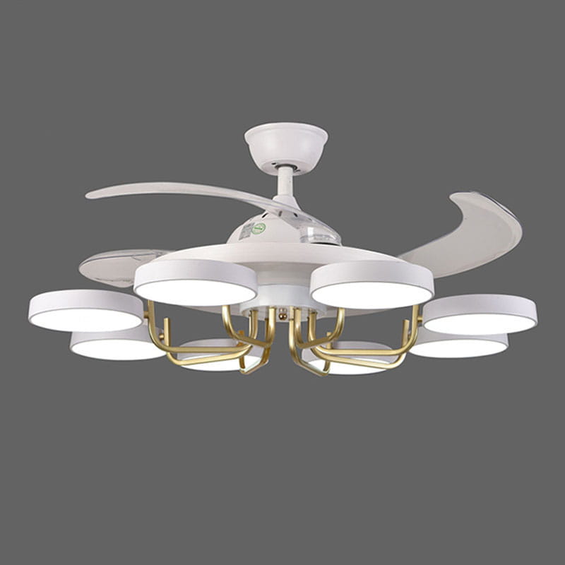 White and gold modern nordic stealth ceiling fan with integrated led lights for energy efficient home lighting and air circulation.