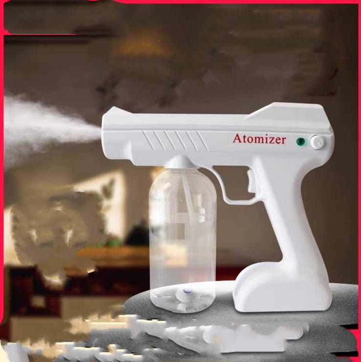 White plastic electric sanitizer sprayer spray gun with clear liquid reservoir and red atomizer branding for the K5 Pro disinfection gun.