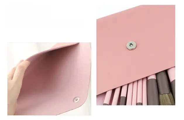 Pink faux leather makeup brush case with silver snap closure for 11 piece premium pink and black makeup brush set