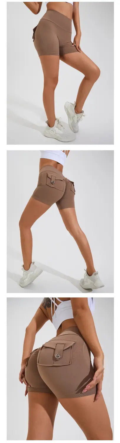 tan high waist hip lifting shorts with button closure and cargo pockets designed for athletic use