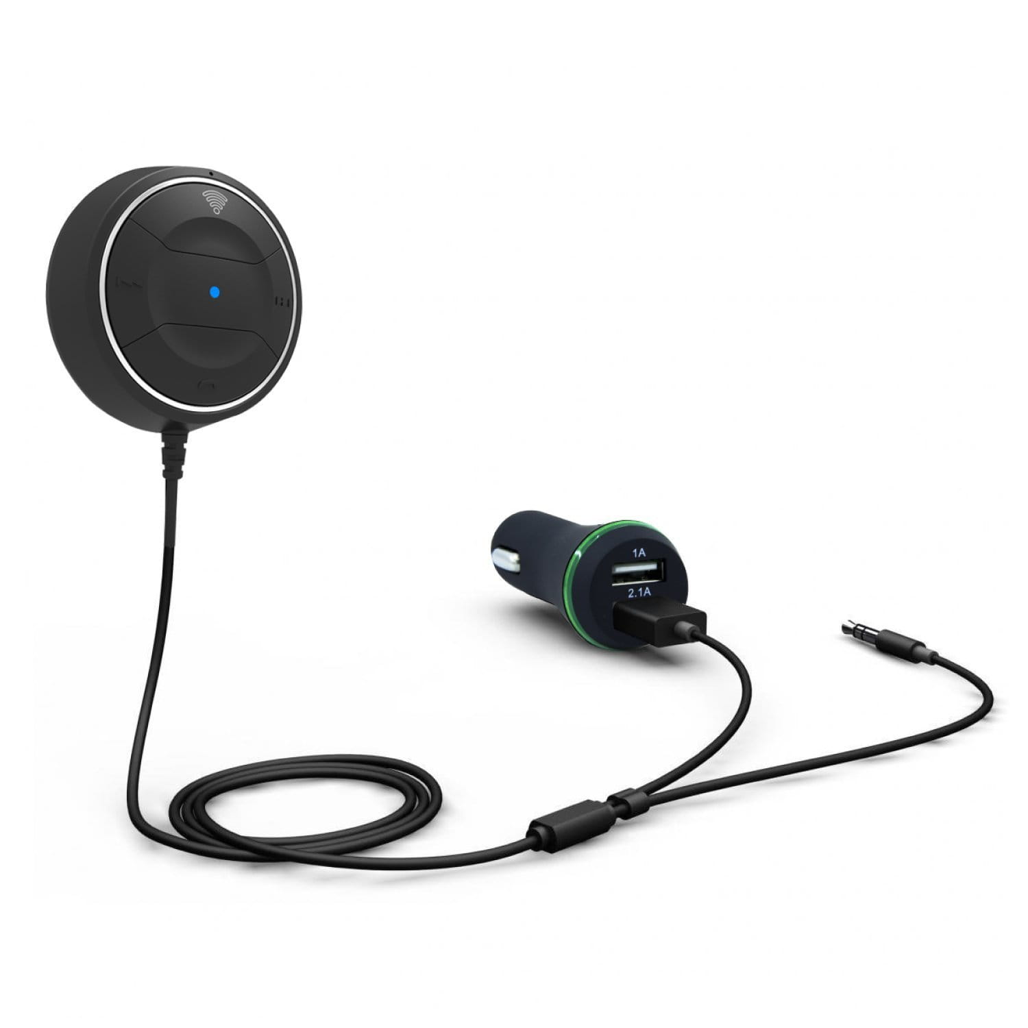 black circular car hands free bluetooth adapter with silver trim and blue indicator light connected to black usb charger with green accents designed for hands free phone use and long press operation