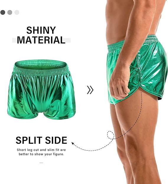 shiny emerald green metallic mens loose casual shorts with a split side design and trendy loose casual fit