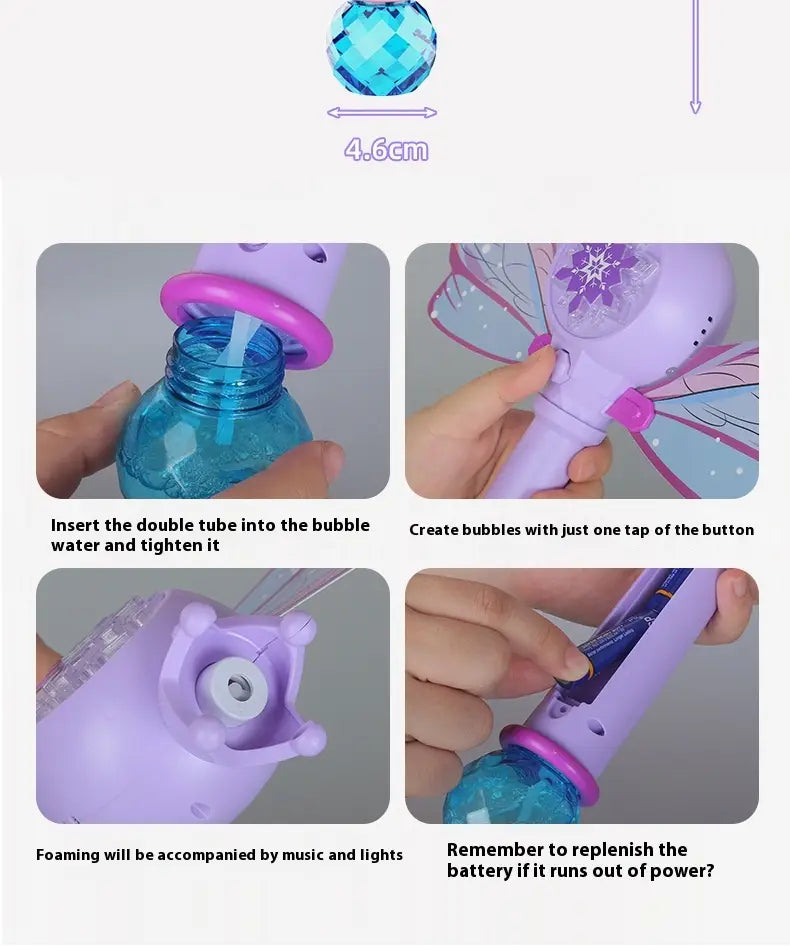 Purple butterfly fairy bubble stick featuring purple and blue plastic butterfly wings and a sparkling crystal ball at the top, designed as a fairy bubble stick.