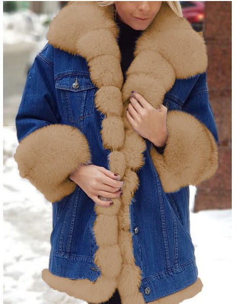 blue denim long sleeve coat with tan fur trim on the collar cuffs and front placket made from denim long long material