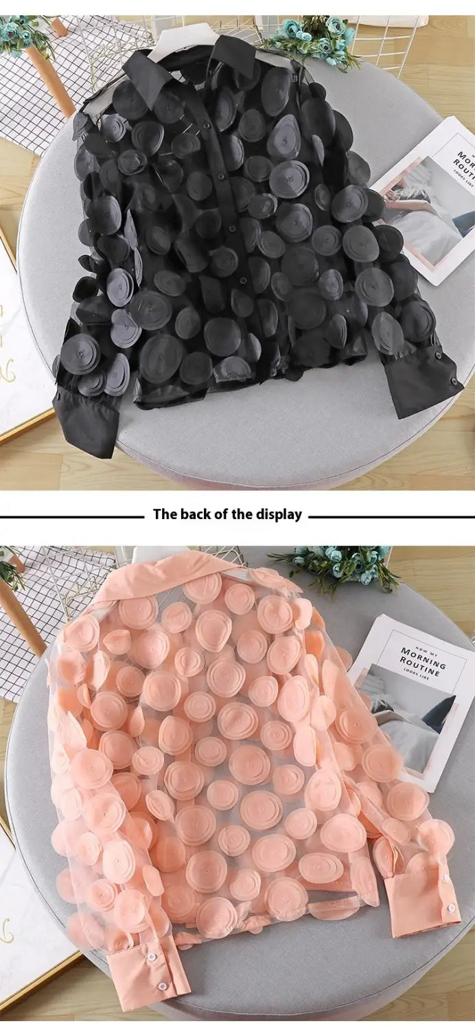 black and peach-colored 3d flower chiffon gauzy shirts featuring a distinctive circular disc-like embellishment design across the fabric