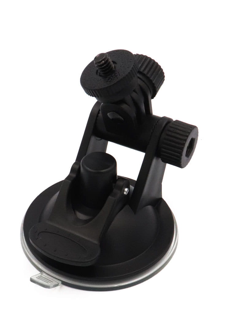 adjustable sports camera suction cup mount featuring a black plastic camera mount with an adjustable arm and suction cup base for secure attachment.