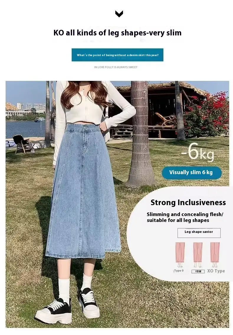A mid-thigh length light-wash denim skirt women’s high waist with a subtle frayed hem perfect as a skirt women’s mid-length option.