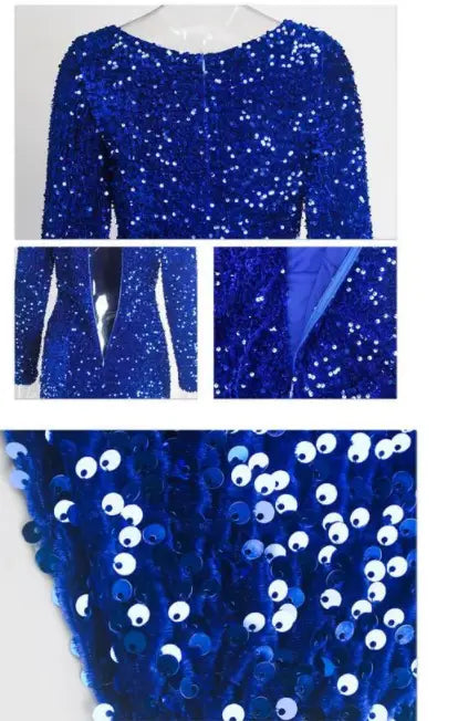 A women modest stretch sequin royal blue evening gown featuring a fitted silhouette and eye-shaped embellishments on dazzling sequins.