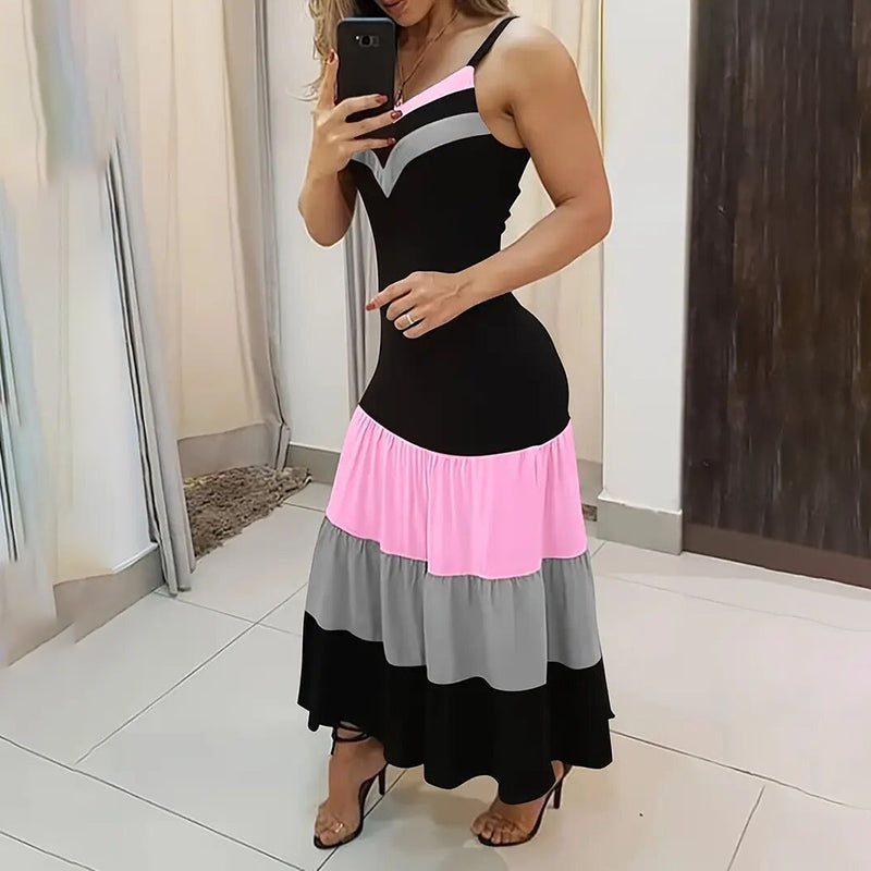 Women's Color Block V Neck Spaghetti Strap Maxi Evening Dress