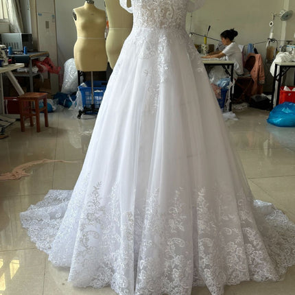 Off-shoulder Bridal Main Wedding Dress Elegant Court Style High-grade Luxury French Light Door Yarn - Royalessencelux