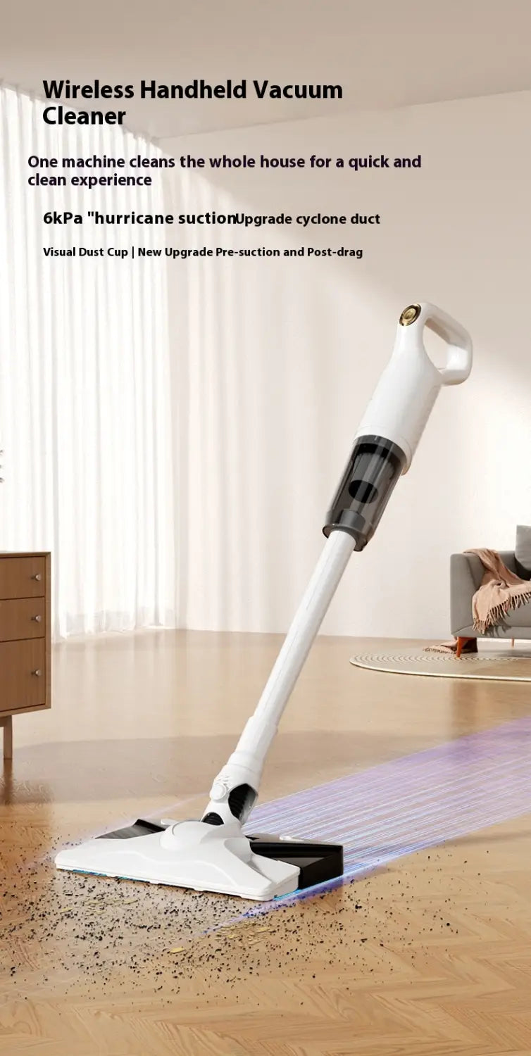 White and black wireless rechargeable vacuum cleaner with a sleek ergonomic design and handheld portability.