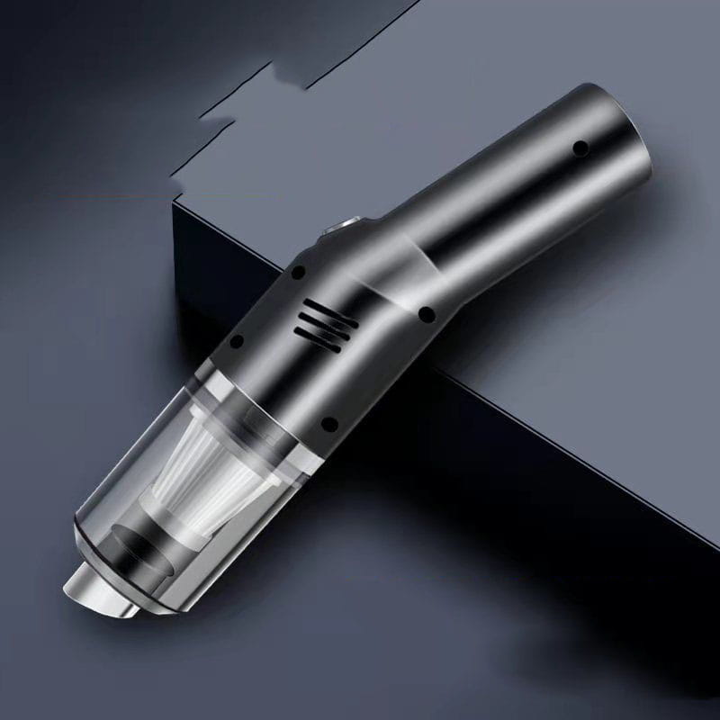 portable wet dry car vacuum cleaner 2 pack featuring compact handheld vacuum cleaner with sleek metallic finish and transparent dust collection chamber for versatile cleaning.