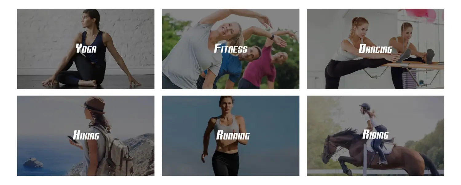 The image shows a collage of six fitness scenes demonstrating the versatile use of seamless tie dye leggings women high waisted yoga pants in activities such as yoga, fitness, dancing, hiking, running, and riding.