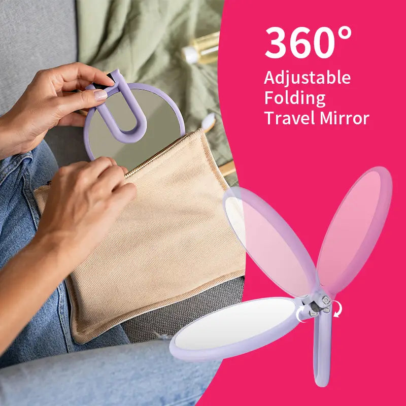 a lavender-colored 10x magnifying foldable handle mirror purple with a sleek plastic frame and 360-degree adjustable dual mirrored panels
