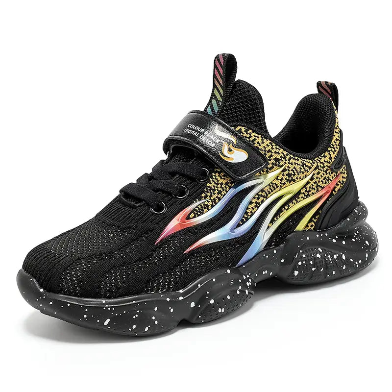 Black mesh boys sneakers featuring a vibrant rainbow flame design and speckled rubber sole for sneakers fashion mesh.