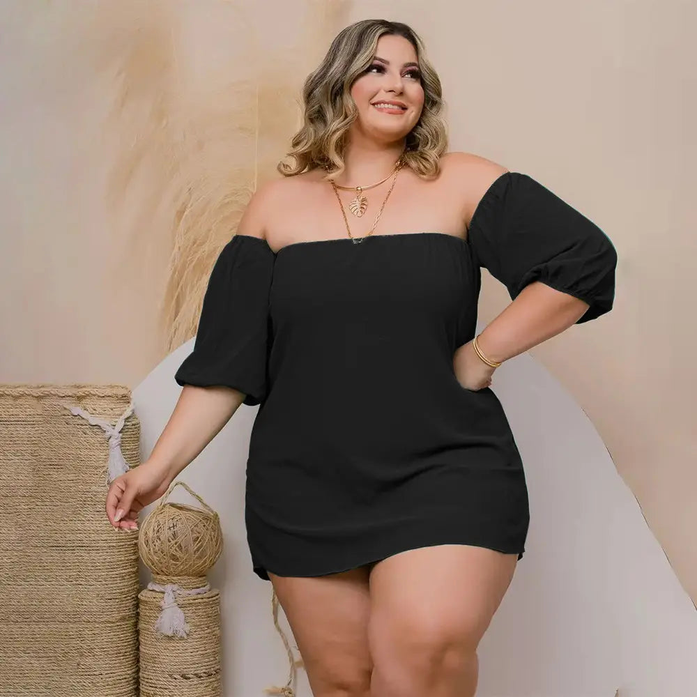 plus size ladies black off-the-shoulder mini dress with puffed sleeves featuring comfort stretch shorts in a size ladies lace two piece set