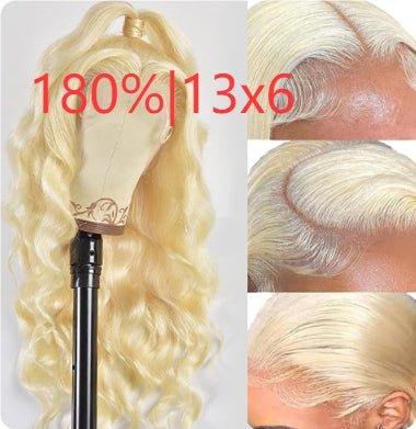 Golden long curly synthetic lace front wig with side bangs – view 7