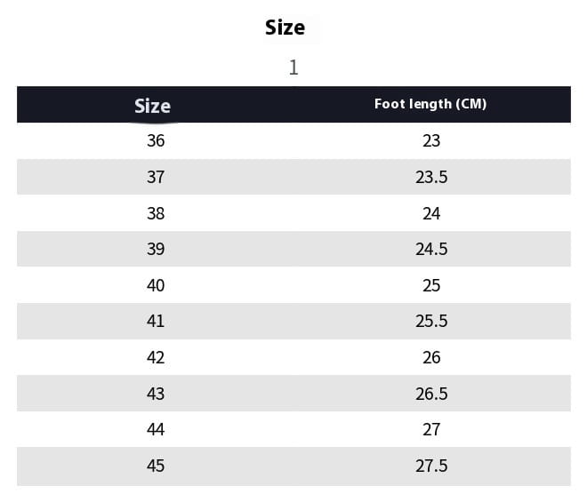 Size chart for black patent horsebit platform retro casual shoes listing sizes 36 to 45 with corresponding foot lengths in centimeters.