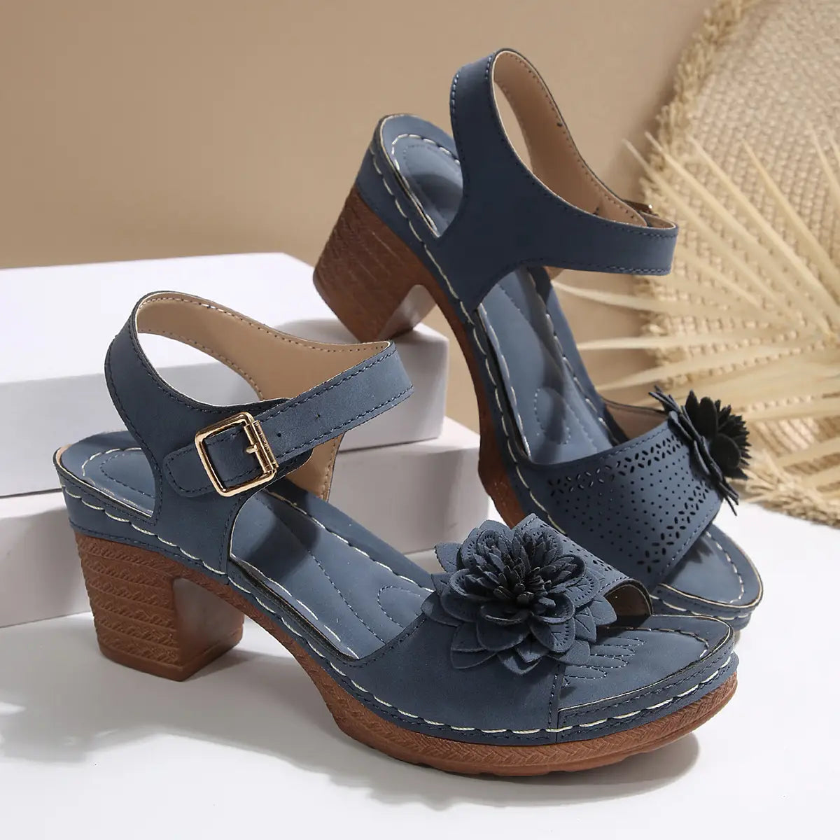 beige floral flowers chunky heel sandals with blue leather straps and wooden block heels perfect for heel sandals summer occasions