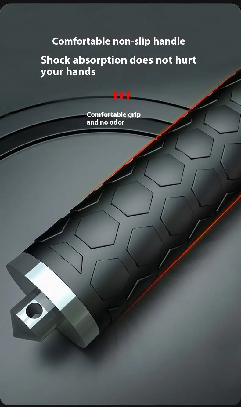 Black hexagonal-patterned grip handle with metallic silver aluminium alloy end cap on an automatic spring silver self-defense baton.