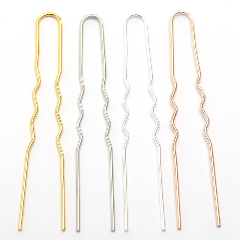 Four metallic hairpins with wavy u-shaped designs in gold silver and rose gold finishes for diy hair accessories material and hair accessories.