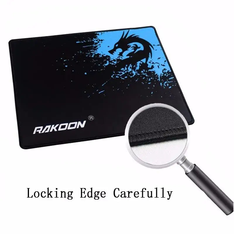 Black rakoon high quality mouse pad featuring a blue dragon graphic with splatter effects and reinforced edges, designed for luxury women’s fashion gaming setups.