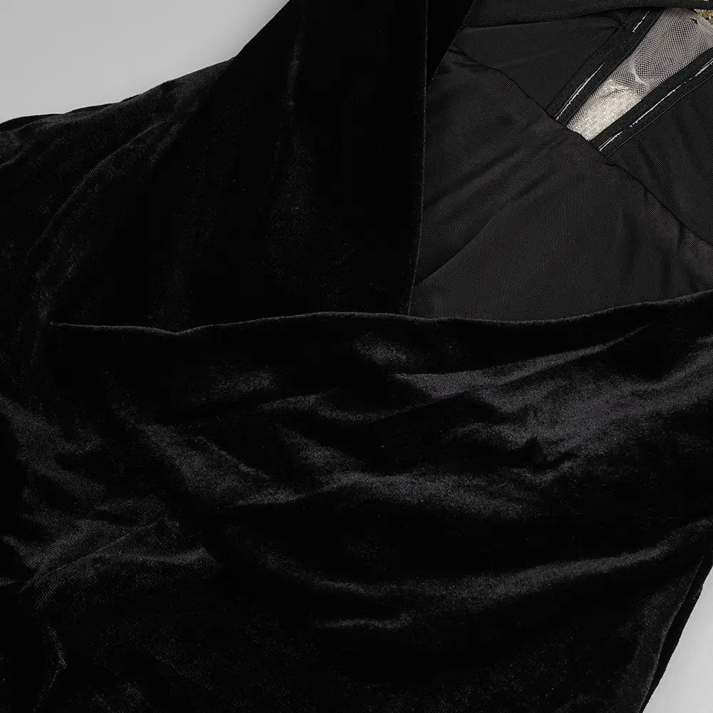 black camisole backless slim fit velvet floral gown fabric with soft plush texture and subtle sheen