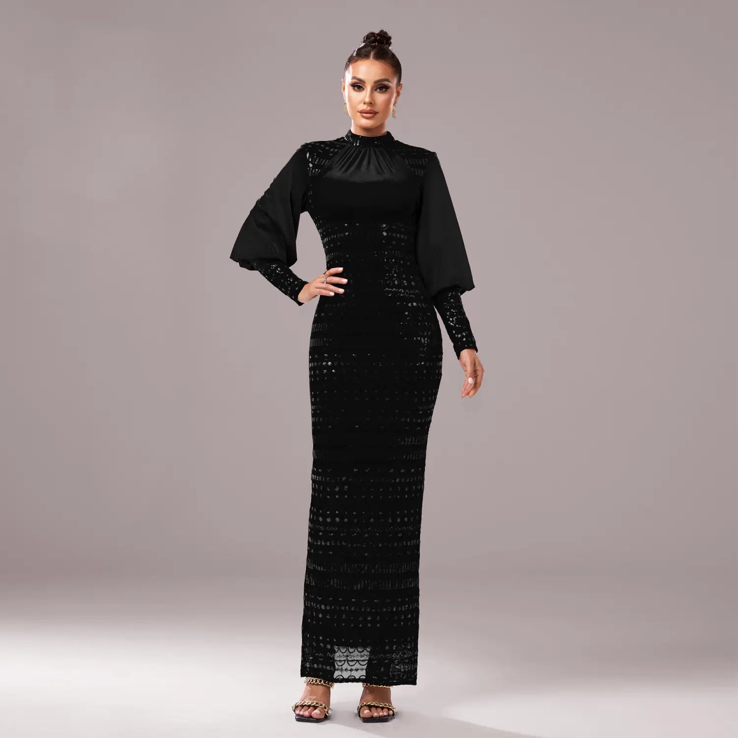black lace long sleeve round neck sequined maxi dress featuring a high neckline and intricate lace detailing for elegant evening wear