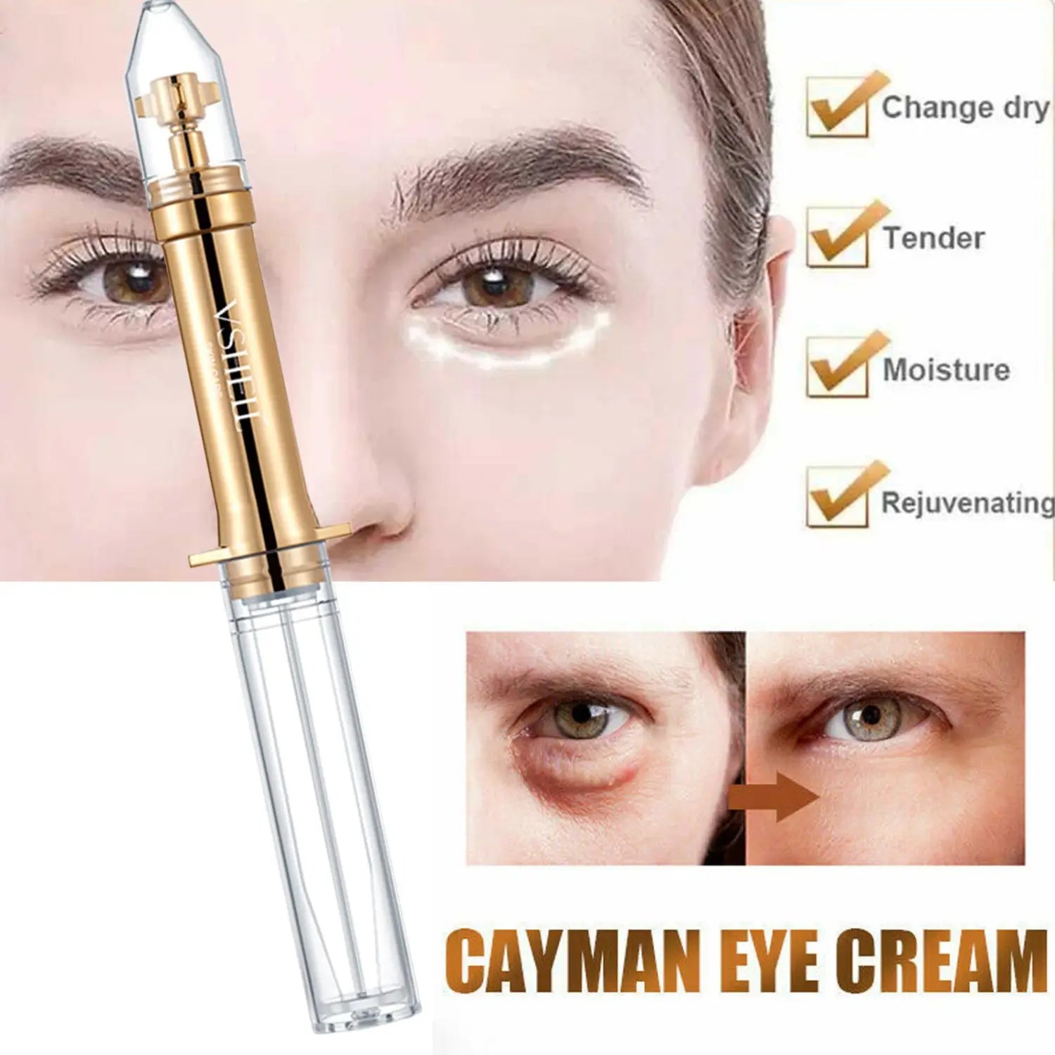 shellfish peptide anti-aging anti-wrinkle eye cream with a gold and clear syringe-style dispenser designed for targeted anti-aging anti-wrinkle eye treatment.