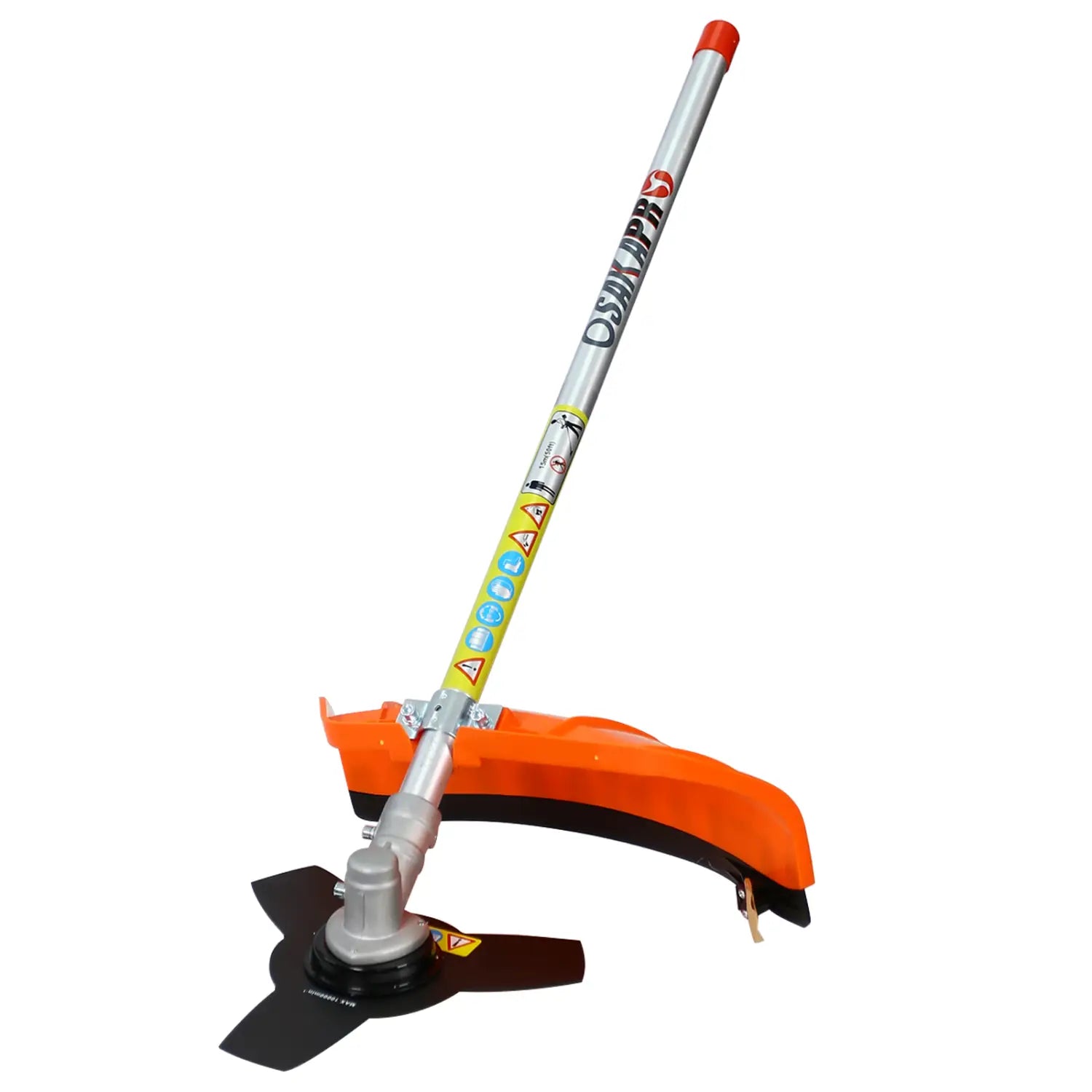Orange and silver Osaku pro string trimmer with black cutting head as part of a hedge trimmer and brush cutter multi tool set featuring plastic pruning tools for efficient garden maintenance.