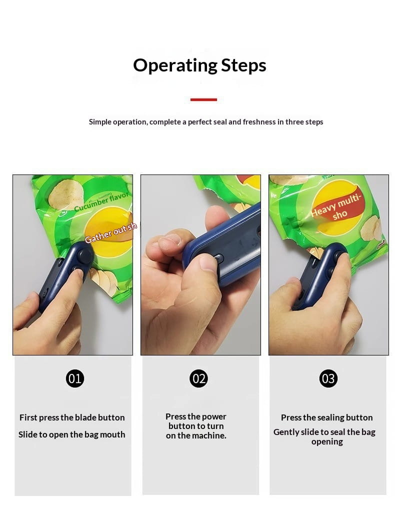 blue plastic handheld portable usb heat sealer with blade button power button and sealing button for easy use and magnetic storage clip