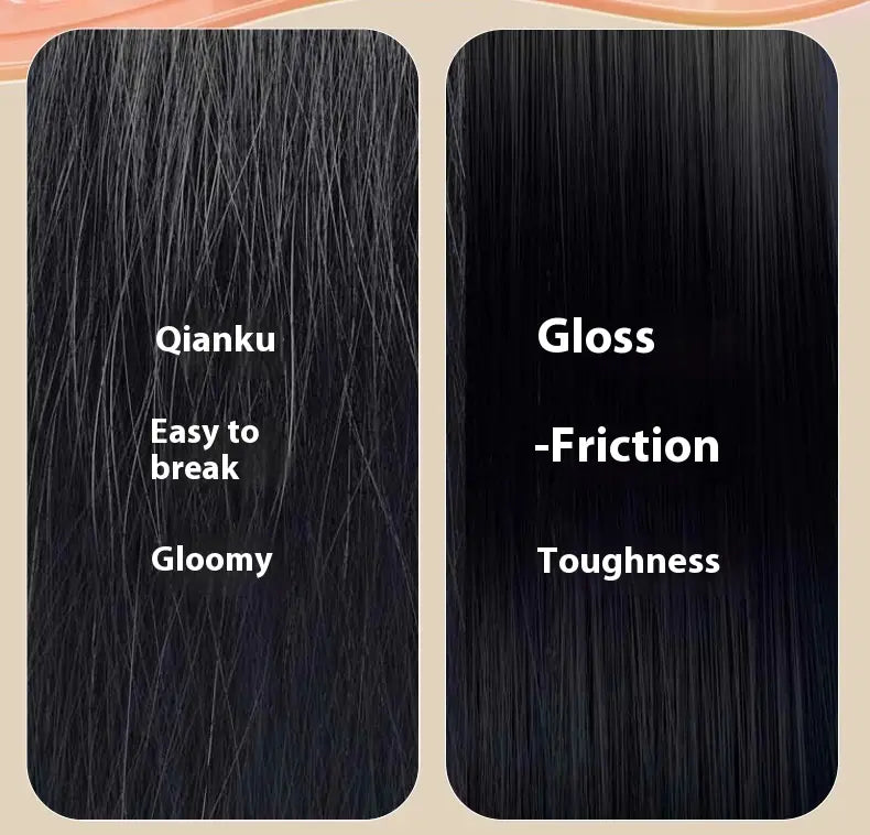 the image compares dark black qianku hair that is easy to break and gloomy with sleeker glossy synthetic fibers associated with an electric spray massage comb hair care mist device designed for effective care spray massage and hair care spray use.