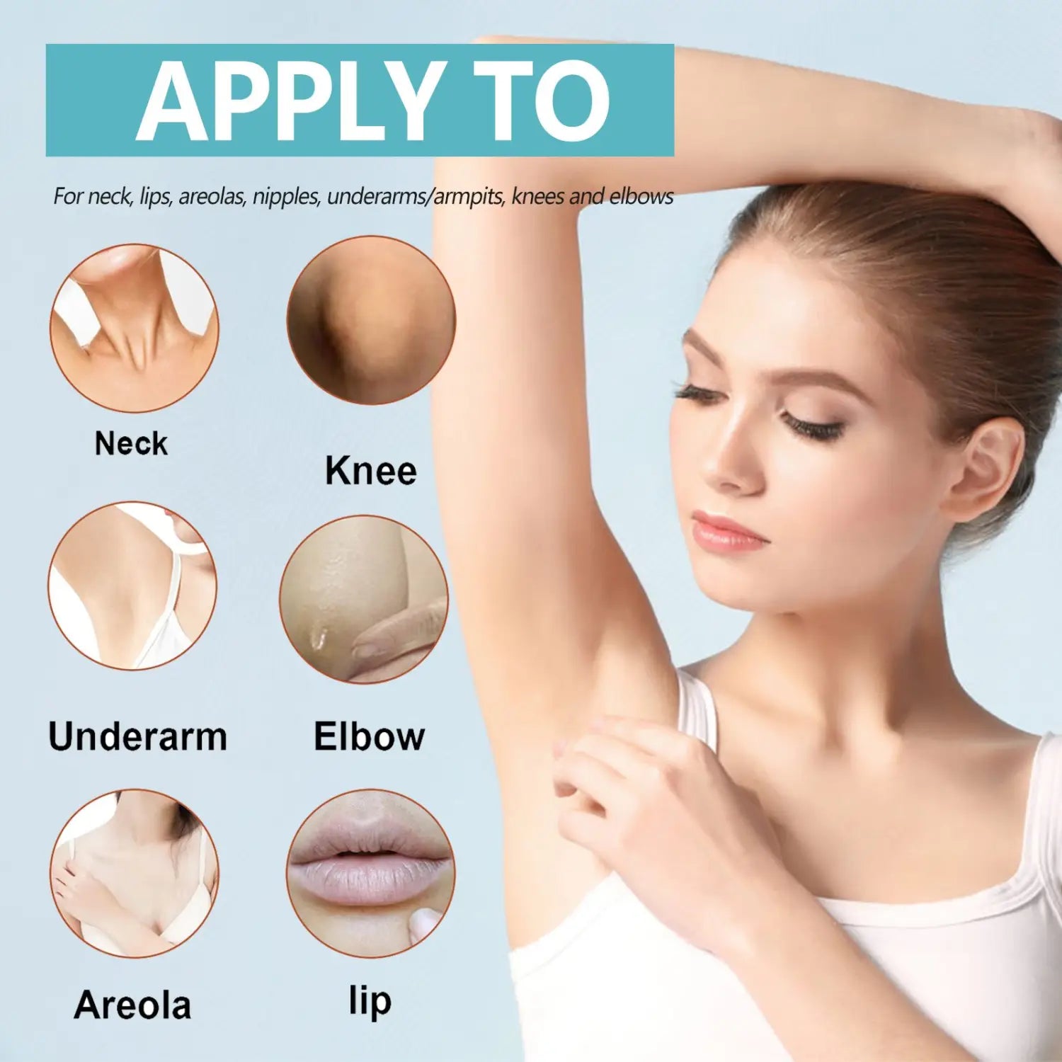 A woman wearing a white tank top with her arm raised demonstrates the application areas for black echinacea repair cream for body whitening on the neck, knee, underarm, elbow, areola, and lip.